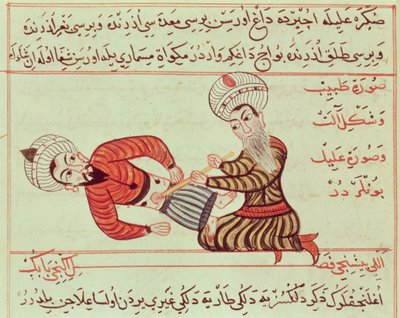 Ms Sup Turc 693 fol.95 ثقب جراحي في التجويف البطني لاستنشاق السائل البريتوني مع قنية على مريض يعاني من الاستسقاء ، 1466 بواسطة شرف الدين